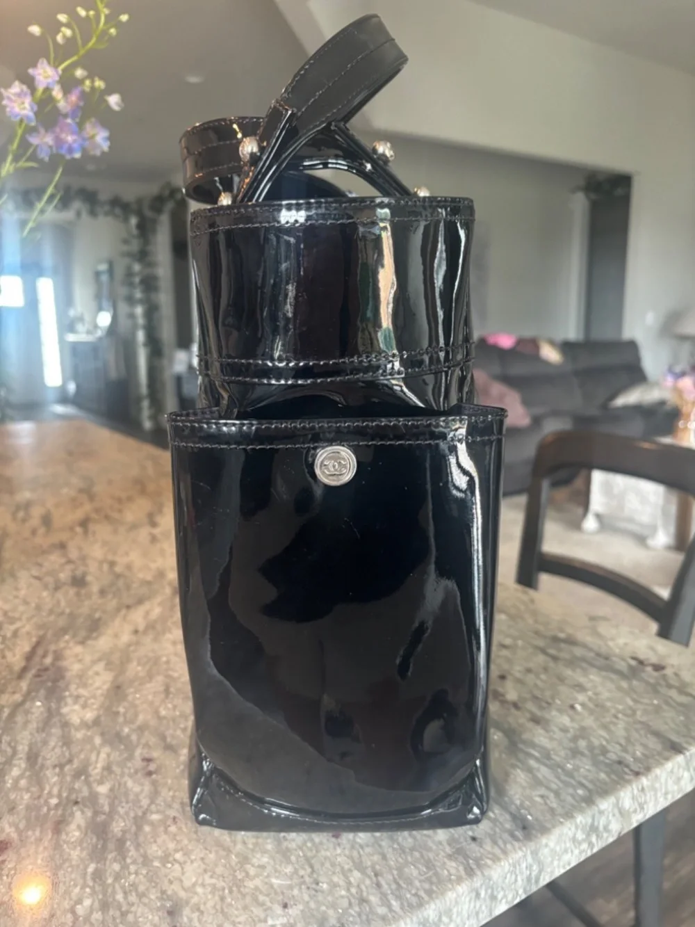 Chanel Medium CoCo Ming Black Quilted Patent Tote Silver HW 13 series